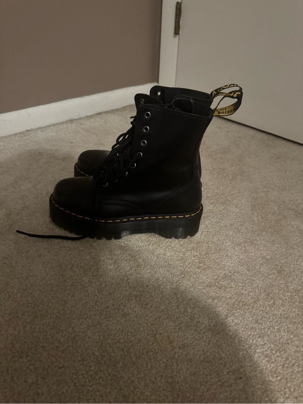 Dr. Martens Black Lace-Up Platform Combat Boots with Yellow Pull-Tab